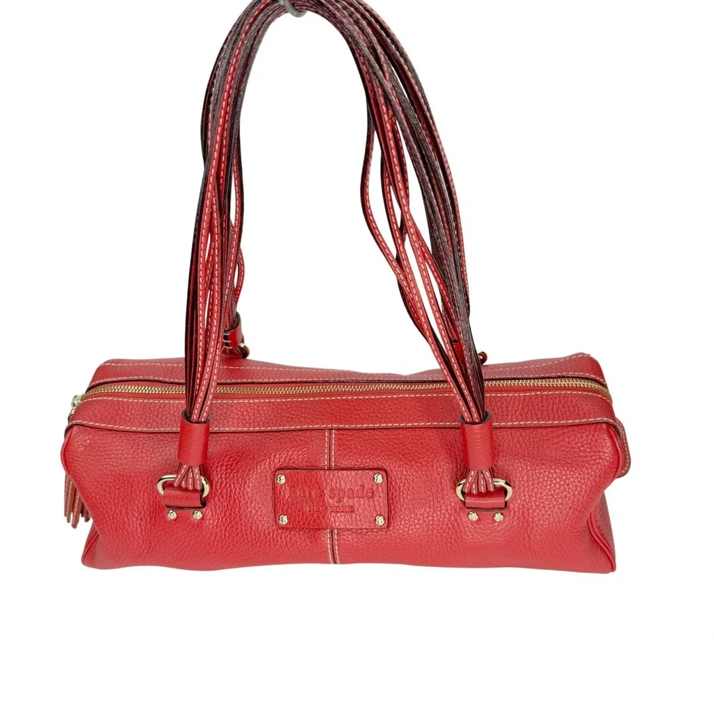 Y2K Kate Spade Barrel Bag‎ Satchel Red Pebbled Leather Tassel Polka Dot Lining